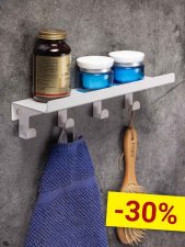 Полка для ванной комнаты с крючками навесная прямая белая 4 крючка 30x9x6